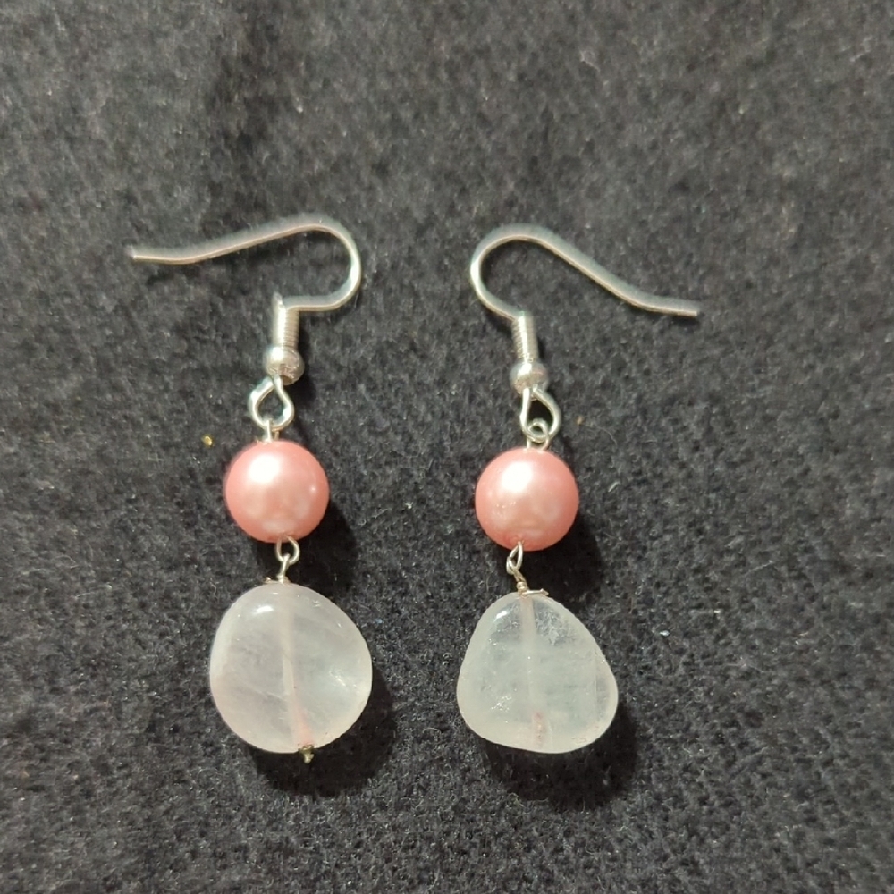 Pastel Pink Cultured Biwa Pearl Rose Quartz Gemstone Beaded Statement Earrings